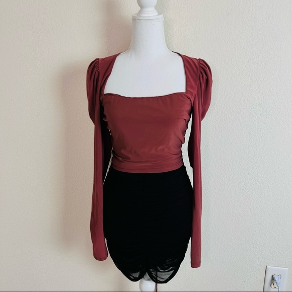 NWT Marsala Brown Puff Sleeve Square Neck Lace Up Long Sleeve Crop Top - Picture 2 of 15